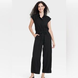 Universal Thread Black Wide Leg Linen Blend Jumpsuit Size 14